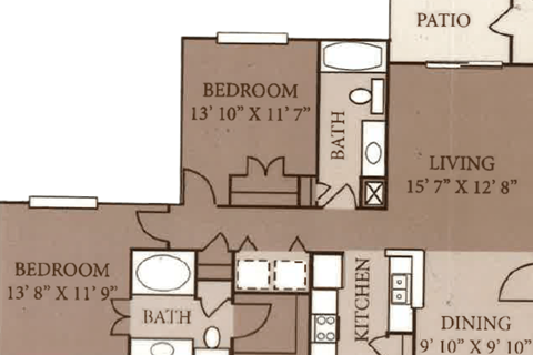 Floor plan for 3 beds, 2 baths, 1228 sqft